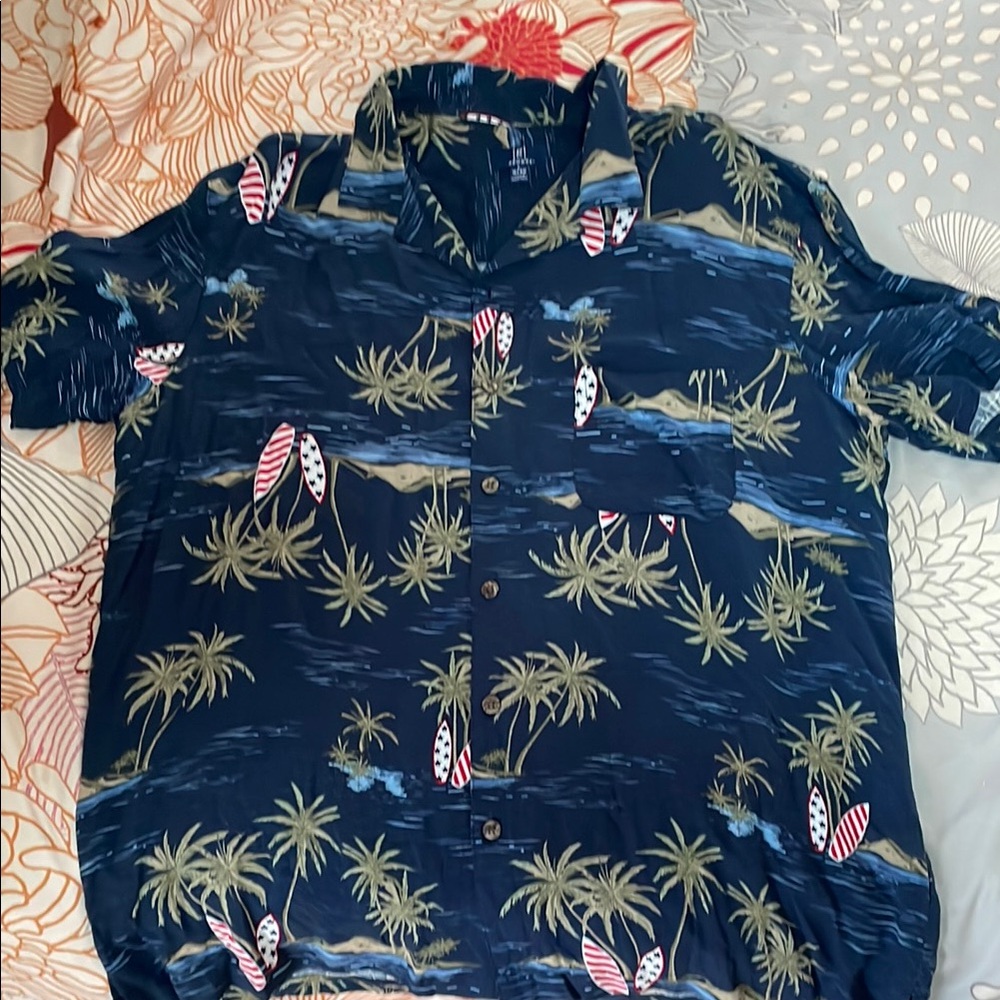 Navy Blue Tropical Print Men's Shirt